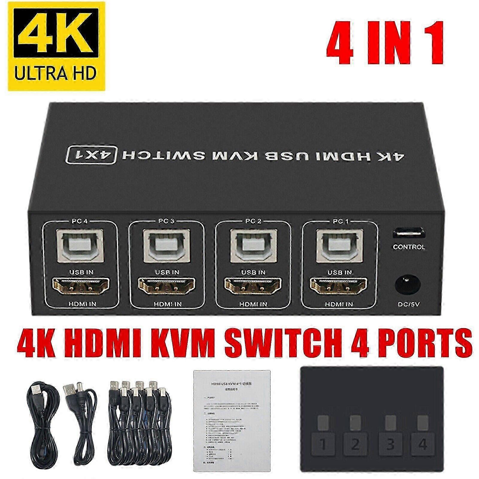 4K HDMI KVM Switch 4 Port USB 4K@60Hz 4 In 1 Out Switcher w/ Desktop Control Fo NEW