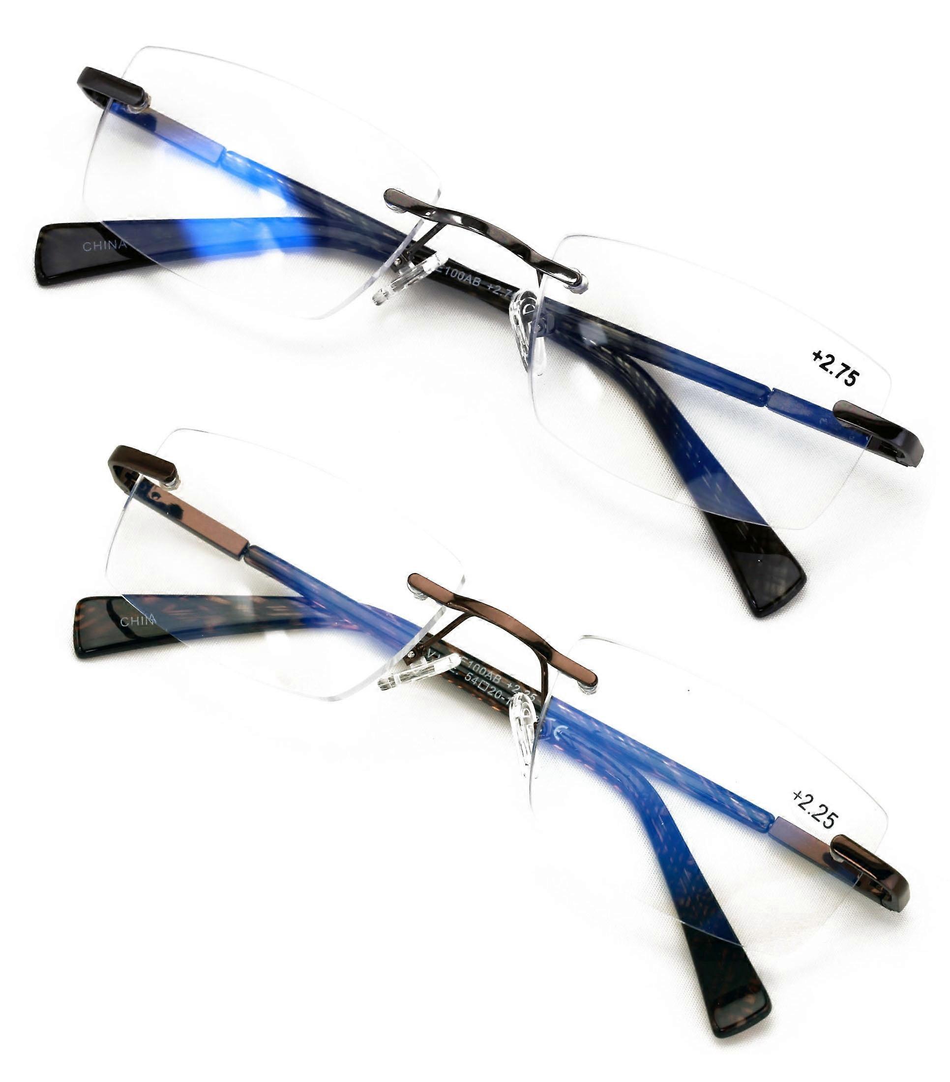 2 Pairs Men Premium Metal Rimless Modern Rectangular Anti-Blue Blocker Reading Glasses - Clear Lens Reader Carbon Temple Print +2.25