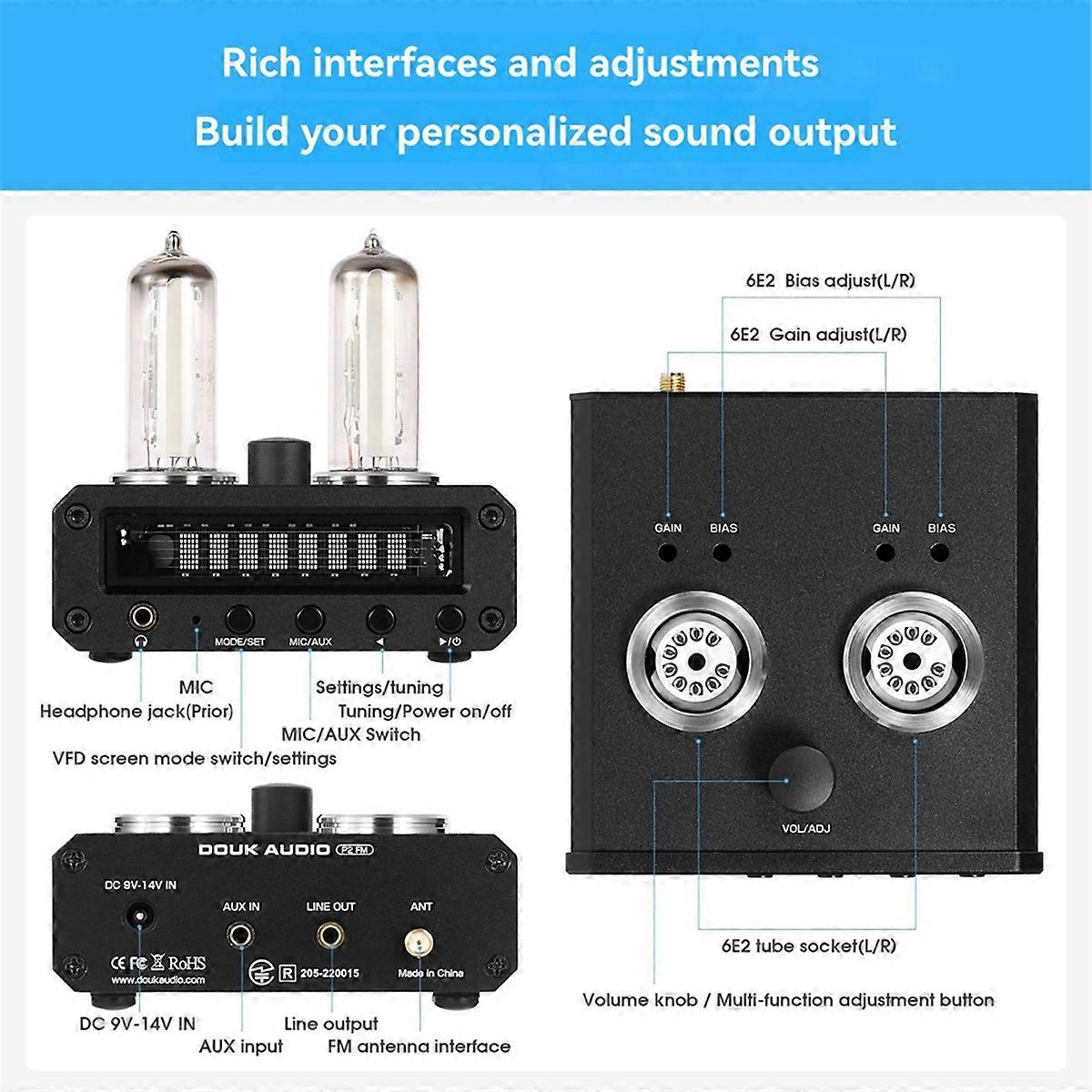 P2-FM Magic 6E2 Preamp Stereo Headphone Amp with Sound Level Indicator FM Radio VFD Clock