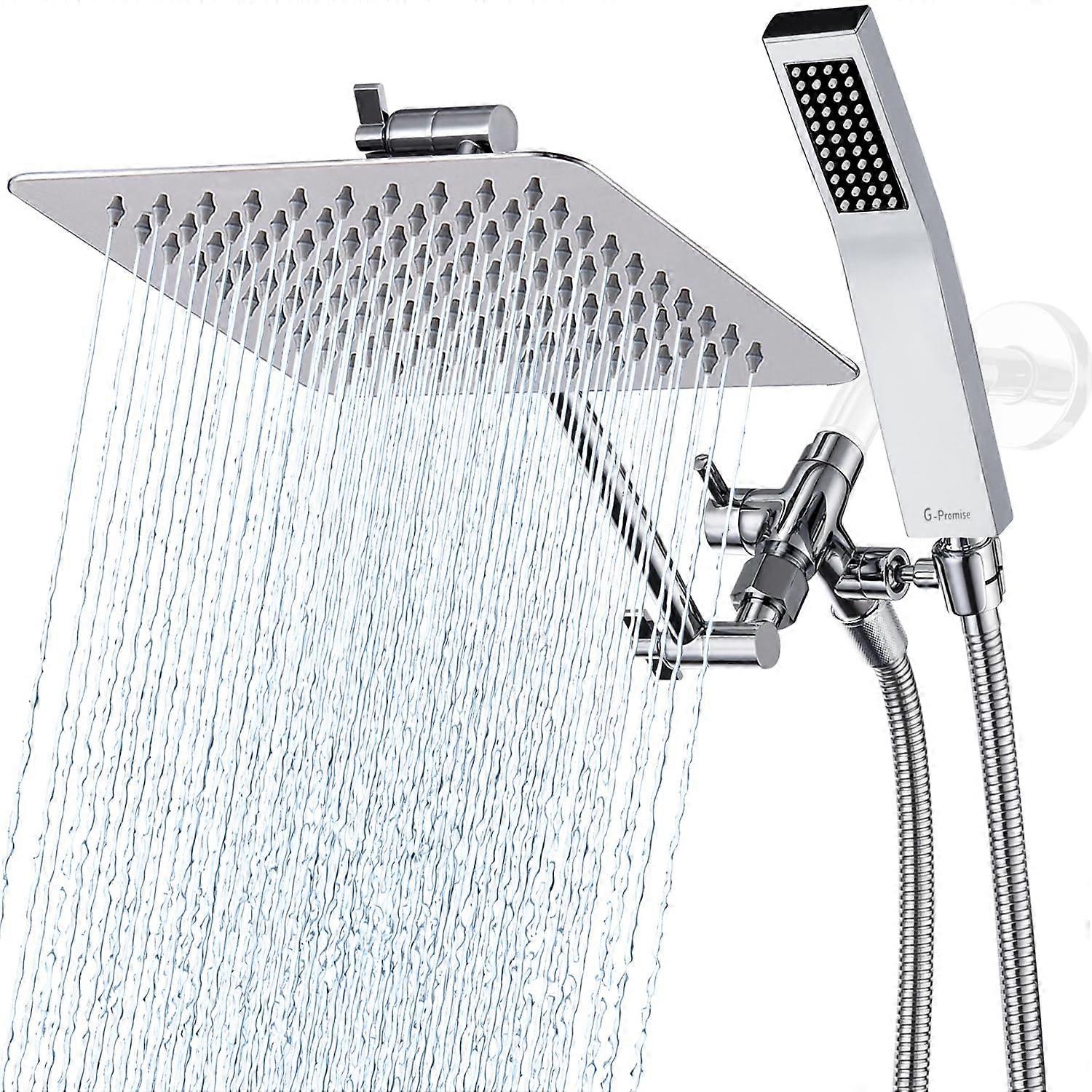 All Metal 8-Inch Dual Square Rain Shower Head Combo with Handheld Wand, 71-Inch Hose, Adjustable Arm, Chrome Finish