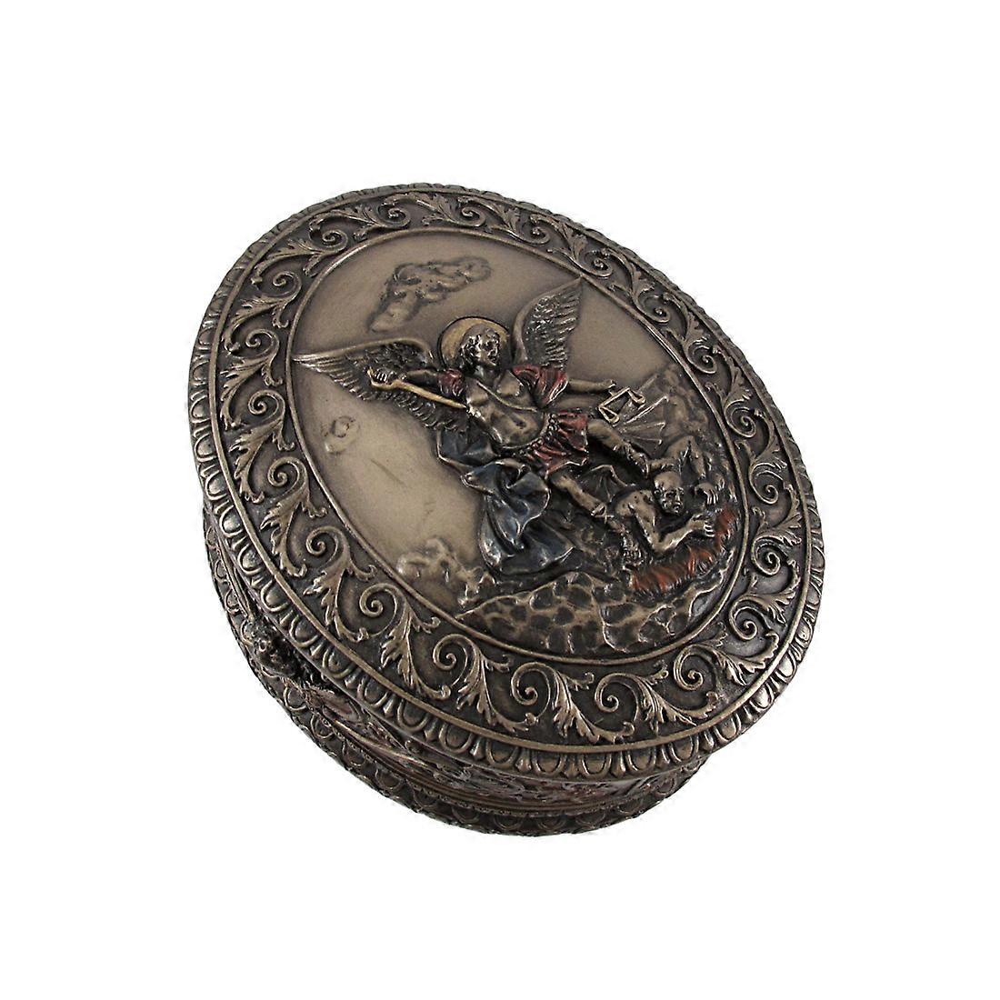 Ornate Bronze St. Michael Bas Relief Oval Trinket Box