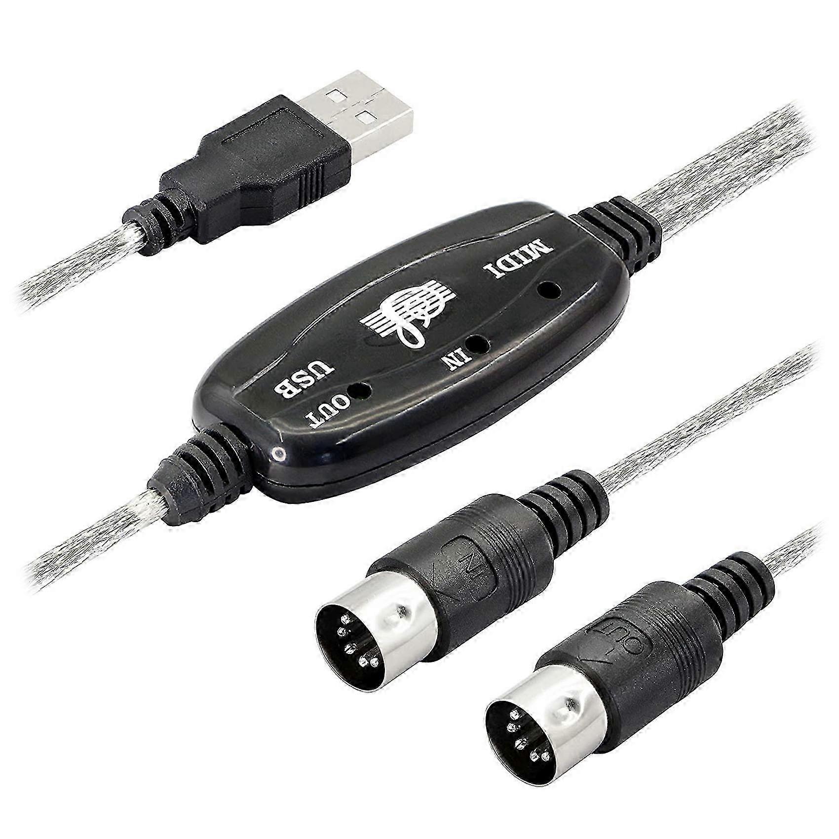 USB MIDI Cable Adapter, USB Type A Male to MIDI Din 5 Pin In-Out Cable Interface with LED Indicator