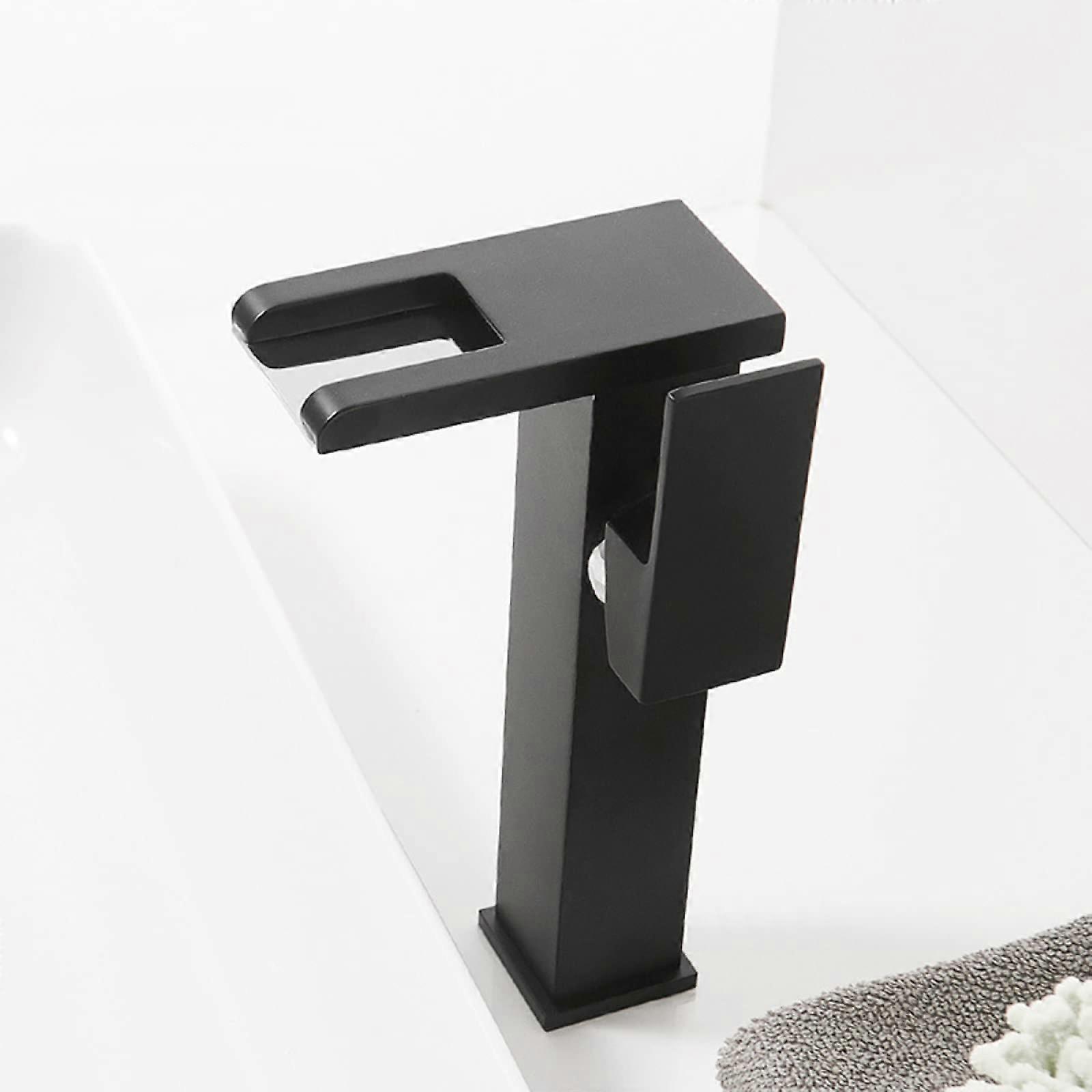 LED Light Bathroom Faucet Waterfall, Brass Mixer Tap, Single Handle, Single Hole, Black Finish For Basin Sink