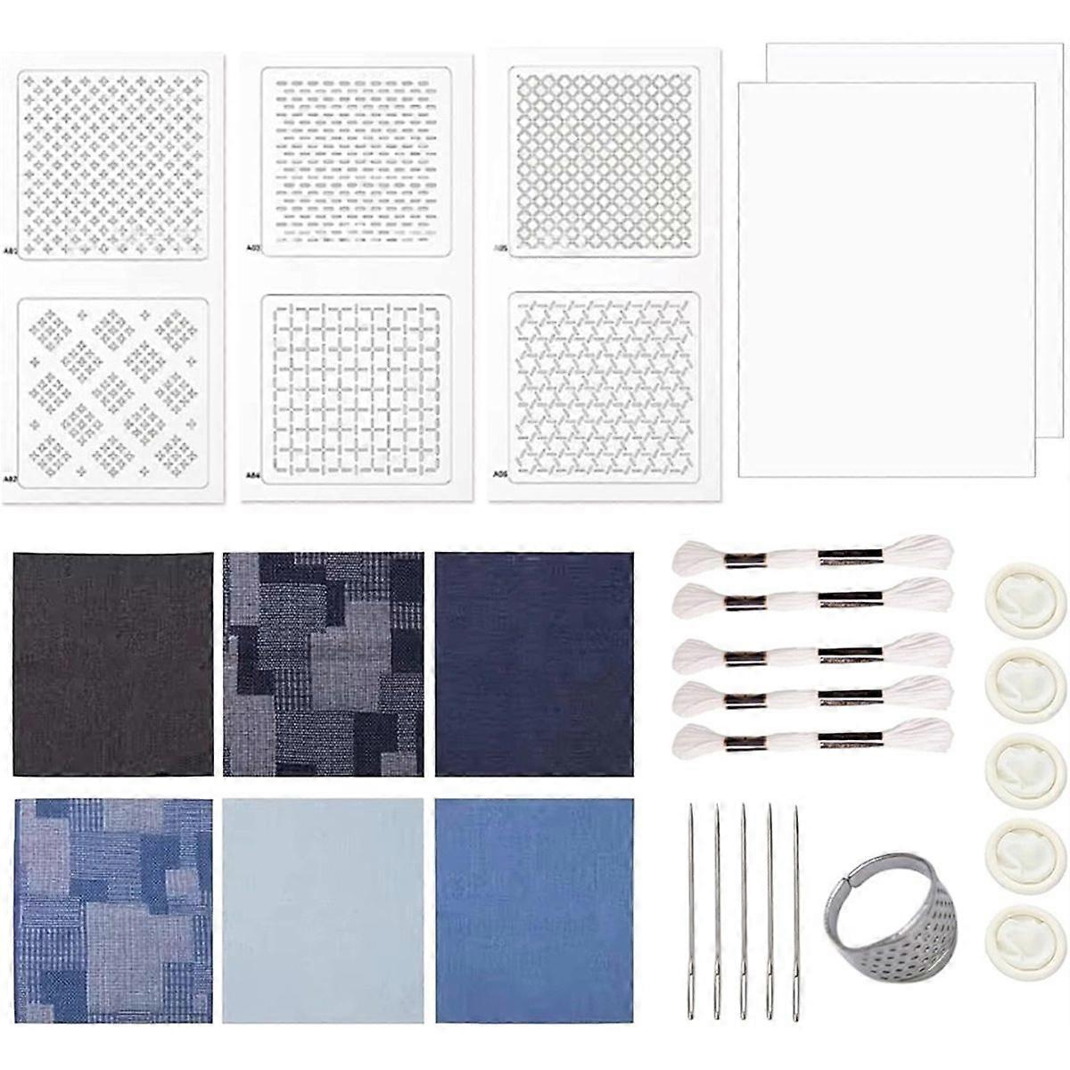 Sashik Kit for Beginners, Water Soluble Patterns and Denim Fabric, Embroidery Kit for Hand Quilting 