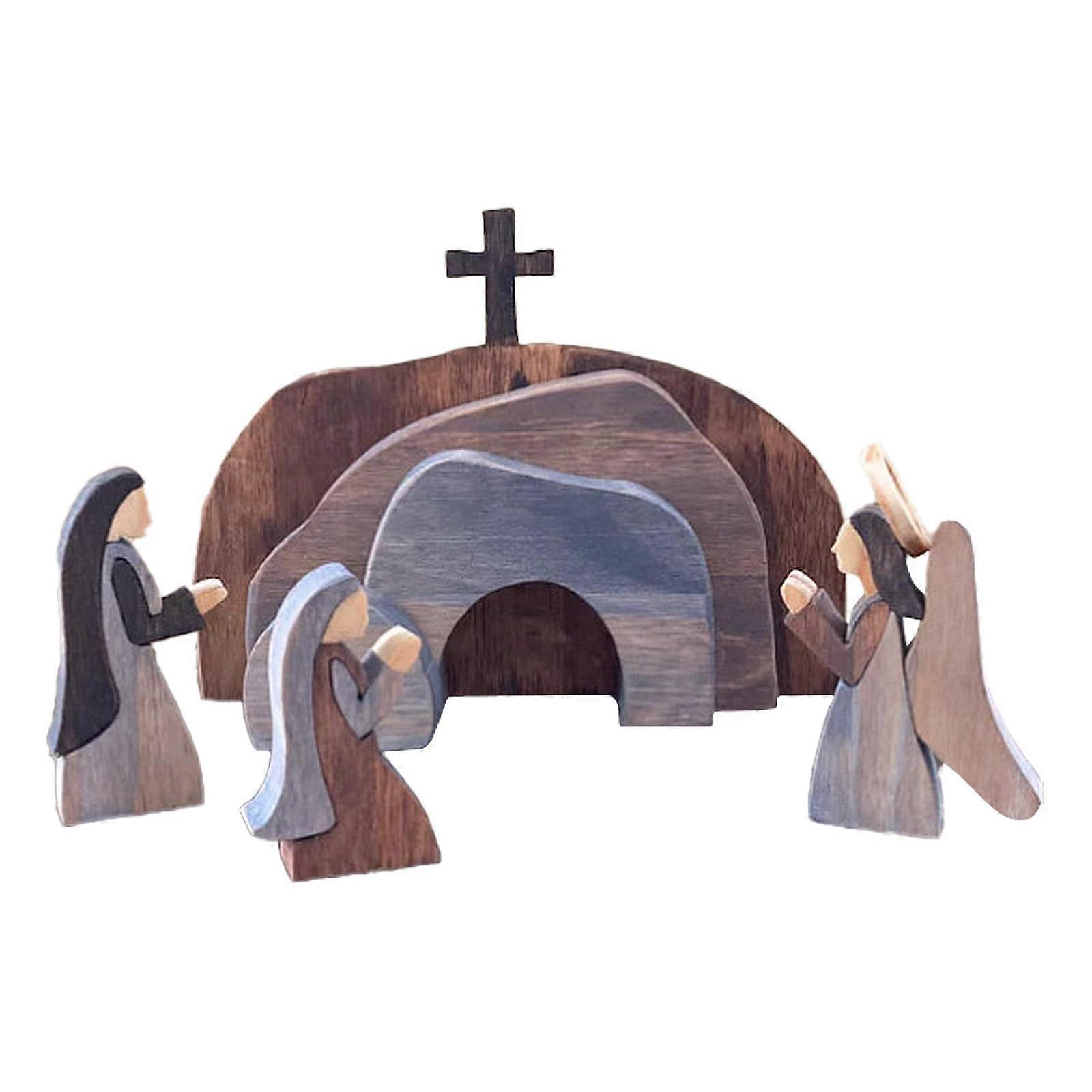 Easter Empty Tomb and Cross Wooden Nativity Scene Tray Set for Home Office Religious Decor