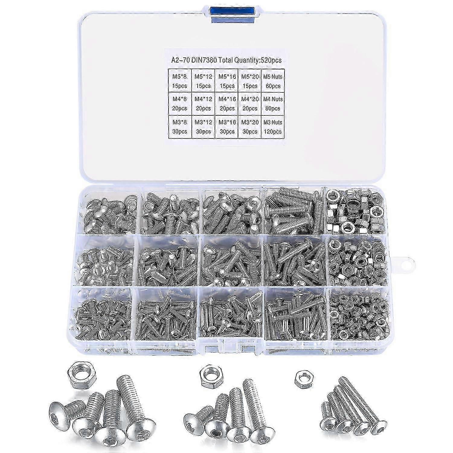 w 520 Pieces Screws with Nuts, M3/M4/M5 Stainless Steel Hex Head Screws with Bolts and Nuts, Round Head Button Socket Assortment