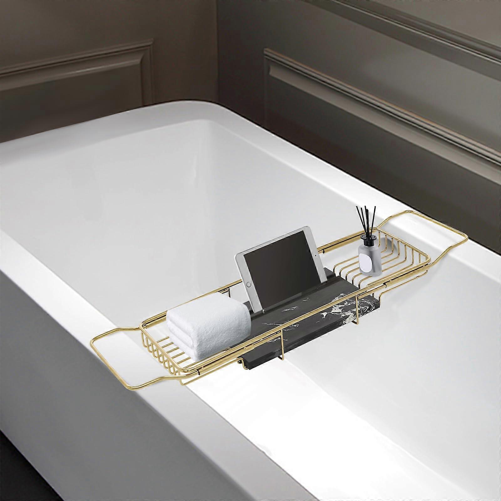 Expandable Bathtub Tray with Marble Shelf and Tablet Stand, Luxury Bath Caddy for Spa and Relaxation