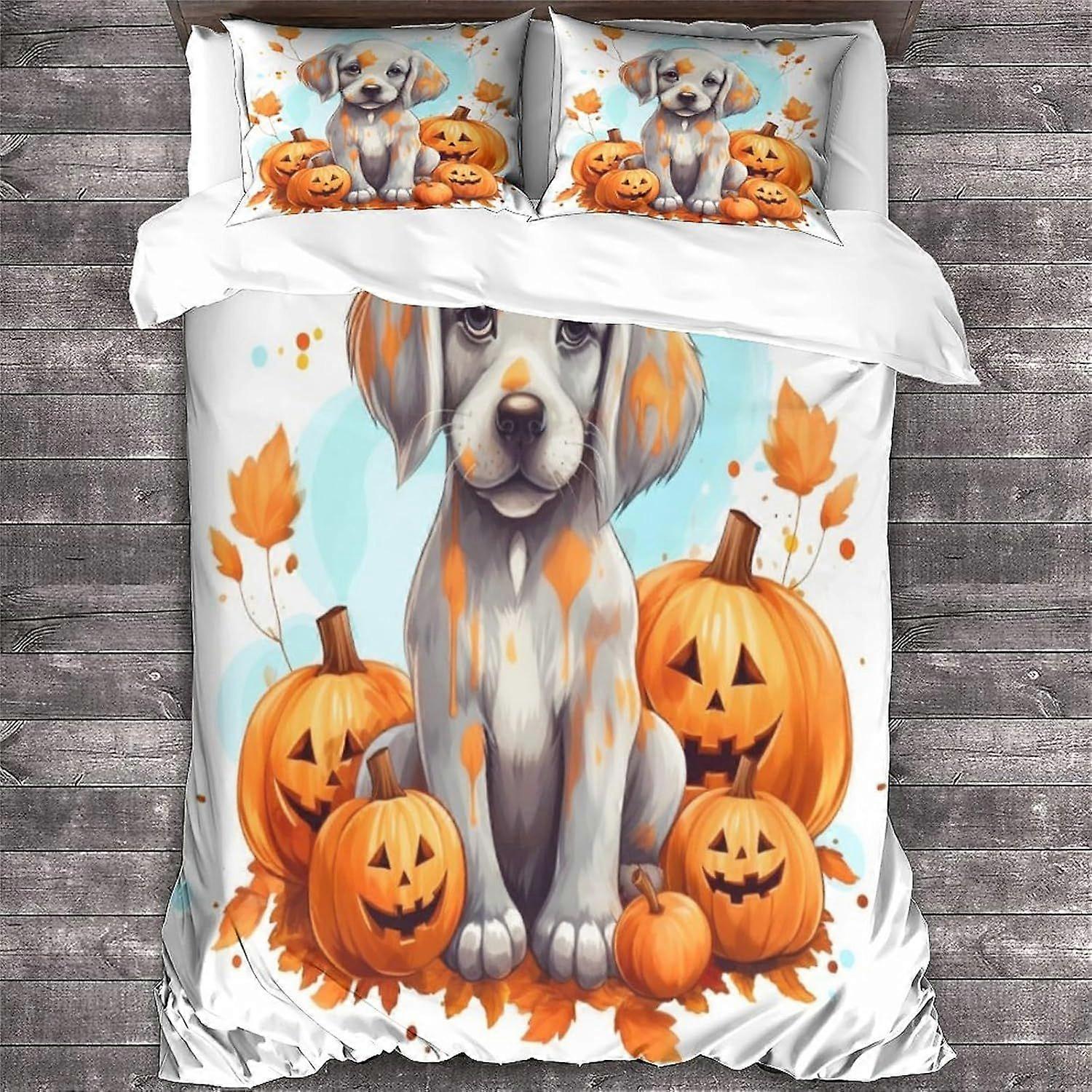 LikeEj Dog Duvet Capa Halloween Print Design Roupa de Cama Conjunto Microfibra Macia com Zíper Fechamento Animal Colcha Capa Frascas Duplo