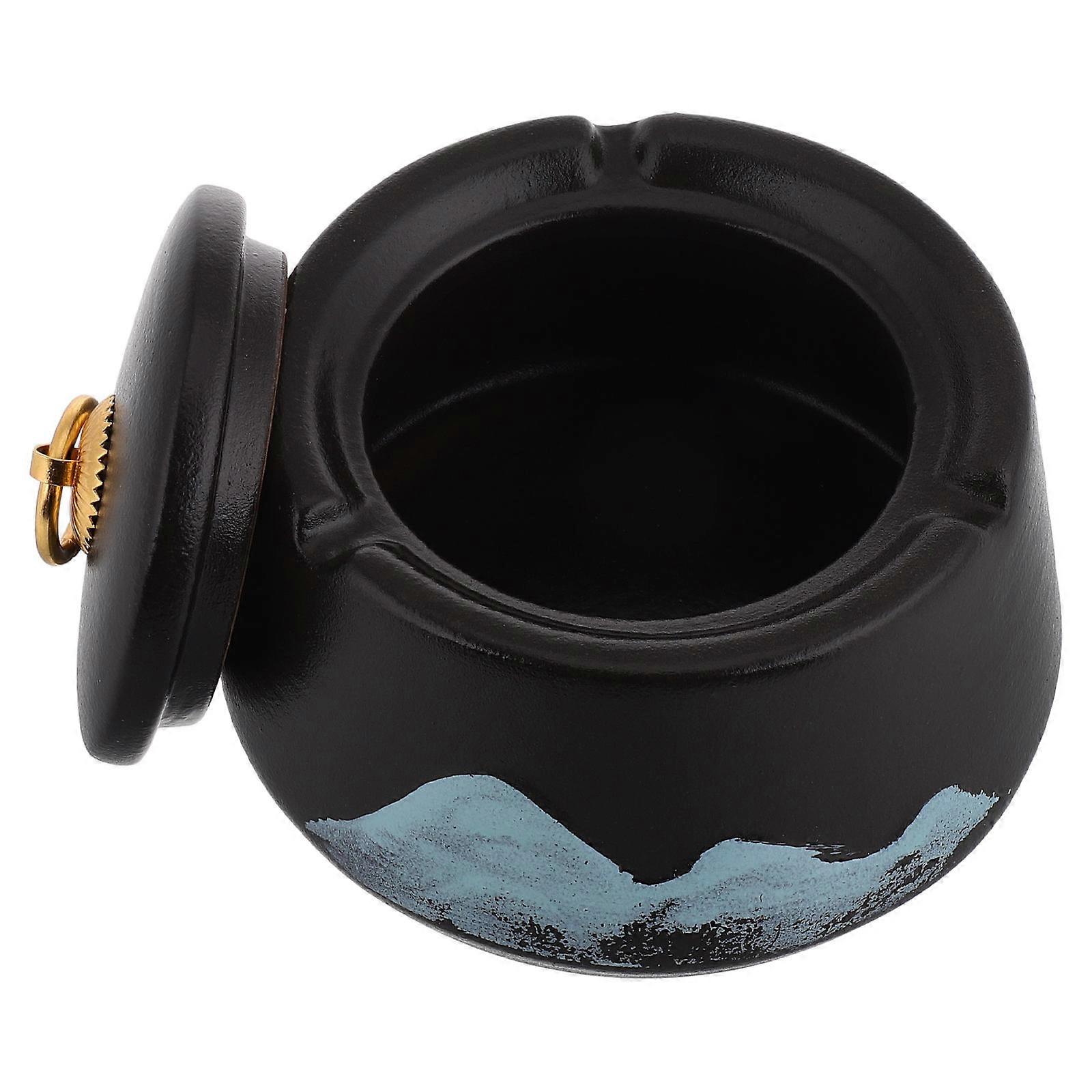 Black Ceramic Ashtray with Lid for Home Use Creative Covered Ashtray