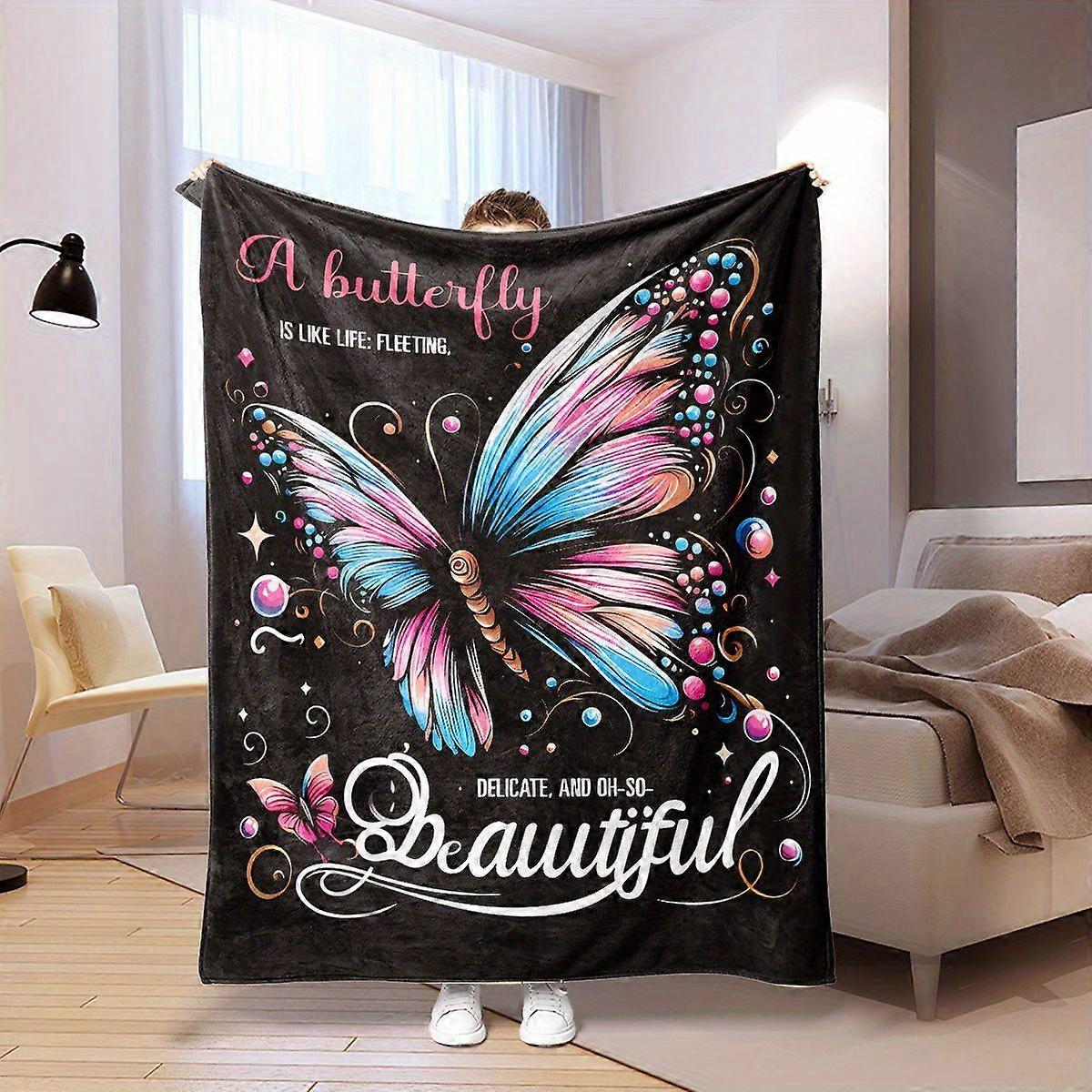 Vibrant Butterfly Print Throw Blanket - Soft Polyester, Colorful Floral & Butterfly Design, Perfect for Birthdays, Holid-OLKJS108