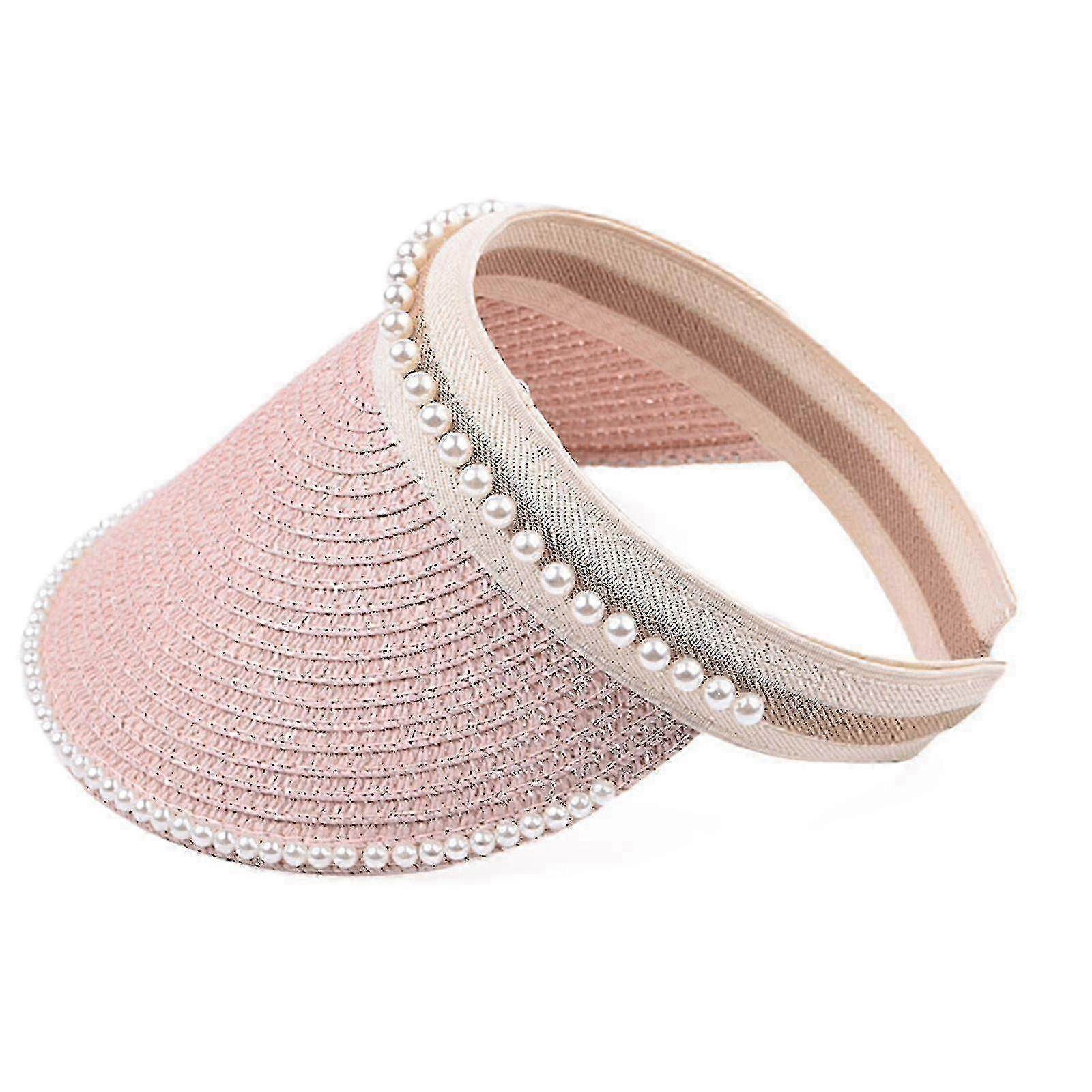 Chapéu com aba adornado com pérolas para mulheres, cor sólida e proteção UV.