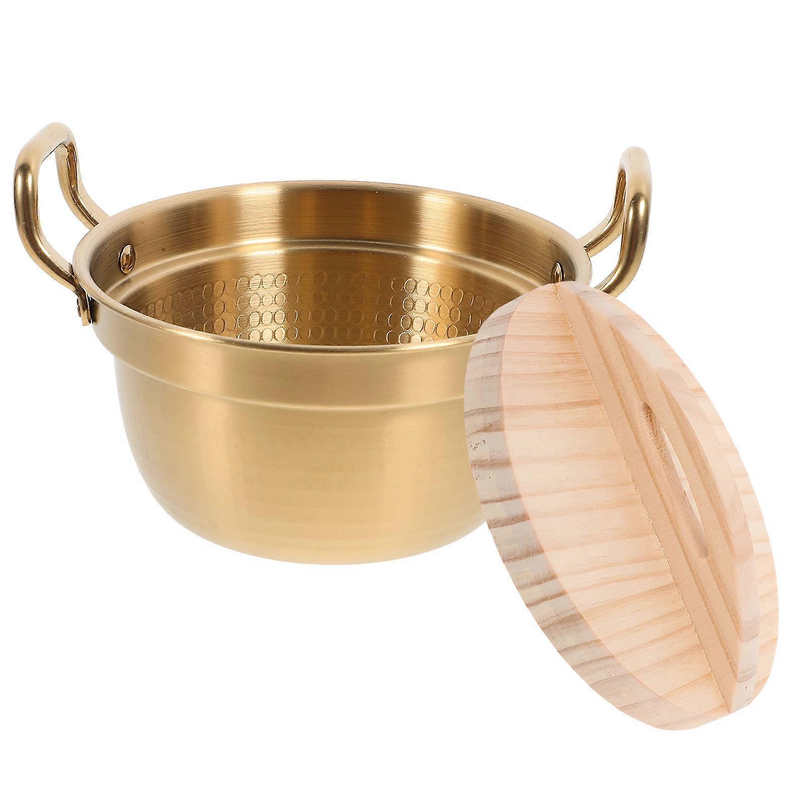 Stainless Steel Instant Noodle Pot with Wood Lid Ideal for Family Gatherings and Cooking Enthusiasts Featuring Golden Color and Double Handles 1 Set
