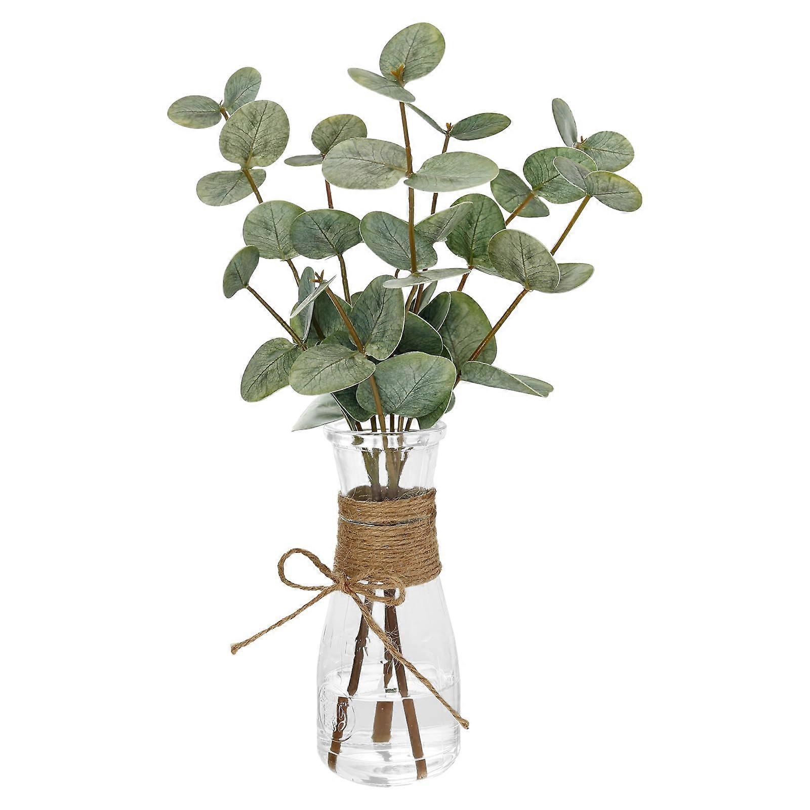 Artificial Eucalyptus Plant with Realistic Texture Leaves in Compact Glass Vase for Home Office Decor