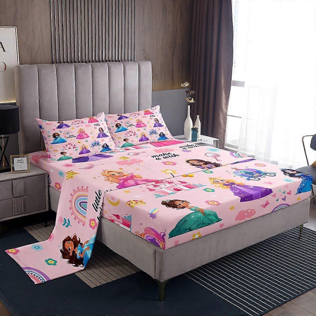 Queen Size Bed Sheets Set Soft Breathable Microfiber with Deep Pocket Cartoon Princess Castle Design