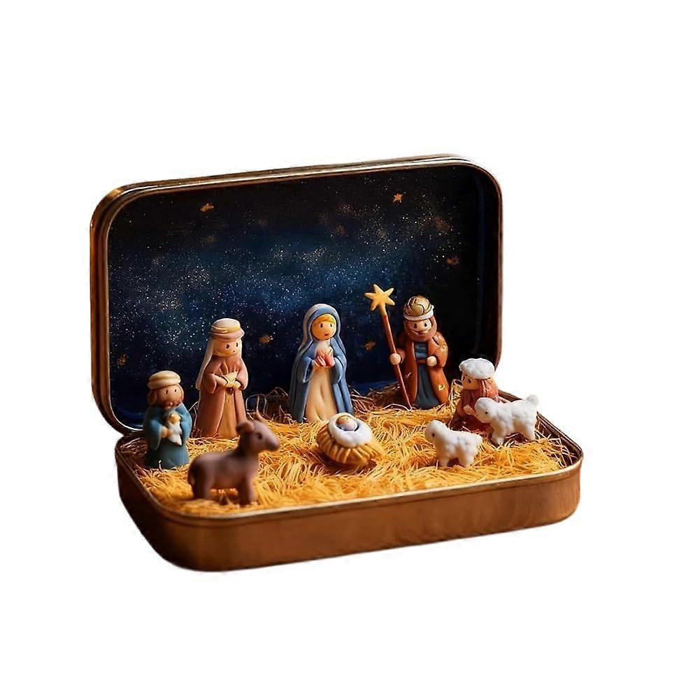 Mini Nativity Set in Tin Box with Handpainted Holy Family Figurines, Portable Desk or Shelf Decor