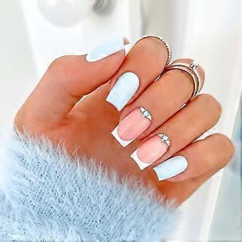 French Tip Press on Nails Light Blue Medium Square Fake Nails with Glue and Tabs Durable Acrylic Set