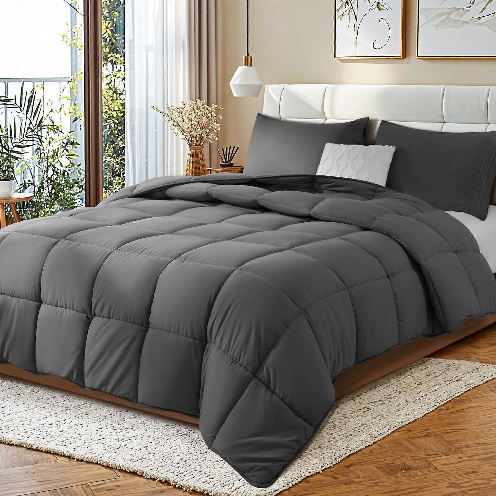 Queen Size Comforter Soft Plush Lightweight Breathable Microfiber Bedding in Dark Gray
