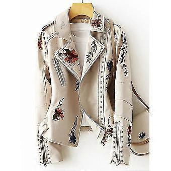 New Women Retro Floral Print Embroidery Faux Soft Leather Jacket Coat Turndown Collar Pu Moto Biker Black Punk Outerwear