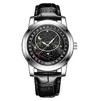 Luxury Round Silver Case Leather Strap Watch with Moon Phase and Starry Sky Dial