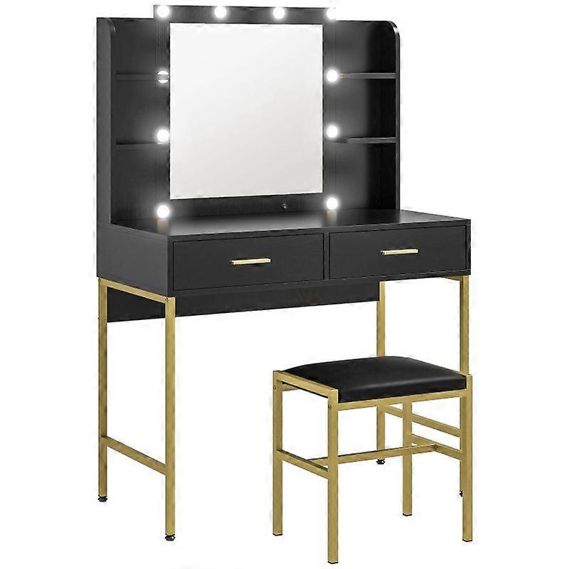 Dressing Table Set, with Storage and Stool - Black