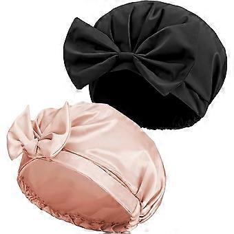 Waterproof Reusable Shower Cap with Bow Design, Adjustable Elastic Band for Women, 2 Pack