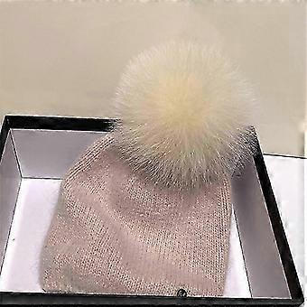 Soft & Warm Knitted Beanie with Real Fox Fur Pom Pom, Angora Winter Hat for Women and Girls