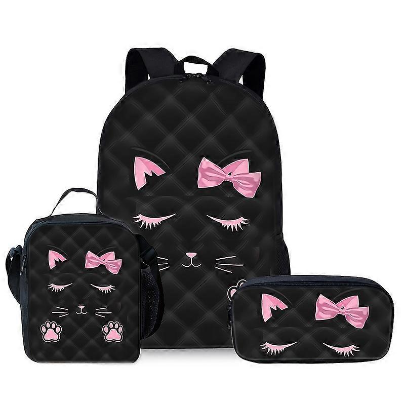 PVC Cat-Themed 3pcs Backpack Set, Applique Design, Lightweight with Adjustable Straps, Polyester Lined, Zip Closure
