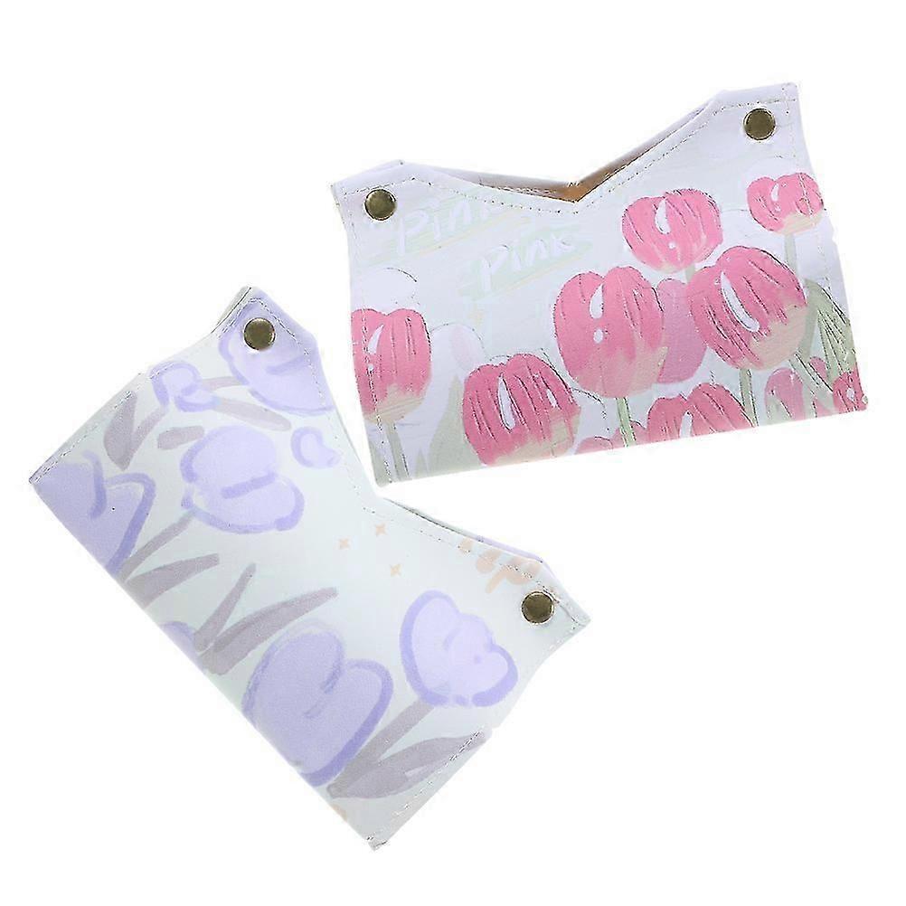 PU Tissue Box Cover for Storage Use 2Pcs with Tulip Pattern