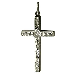 9ct White Gold 30x18mm victorian hand engraved solid block Cross