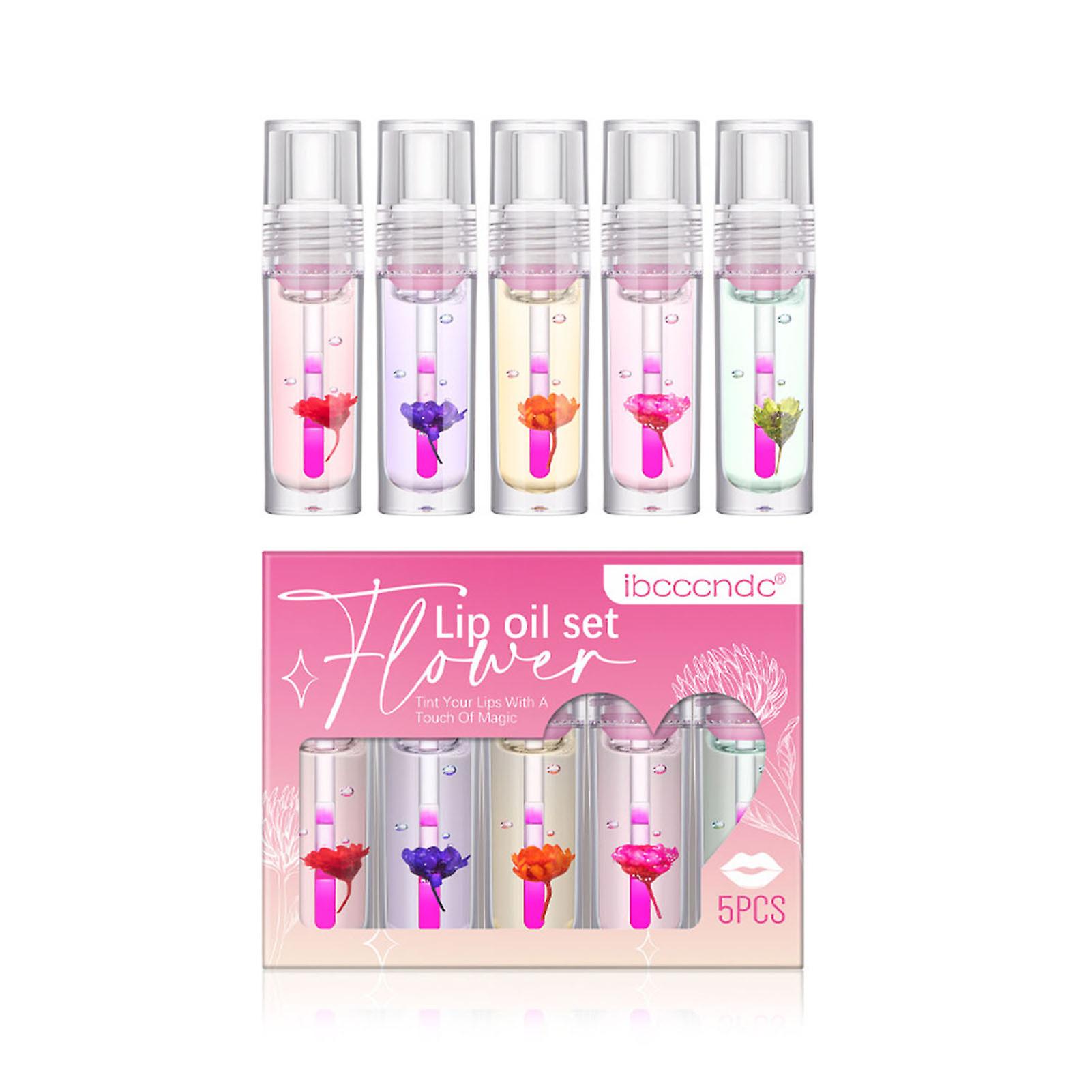 5pcs Flower Color Changing Lip Oil Reduce Lip Lines Shiny Coat Lip Gloss For Valentine's Day Lover Gift