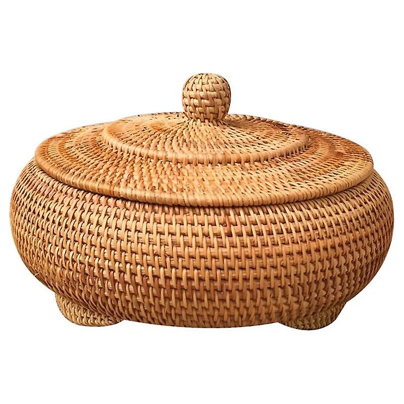 Round Rattan Boxes With Lid Hand-woven Multi-purpose Wicker Tray Picnic Food Bread Snack Fruit Table Storage Willow Basket
