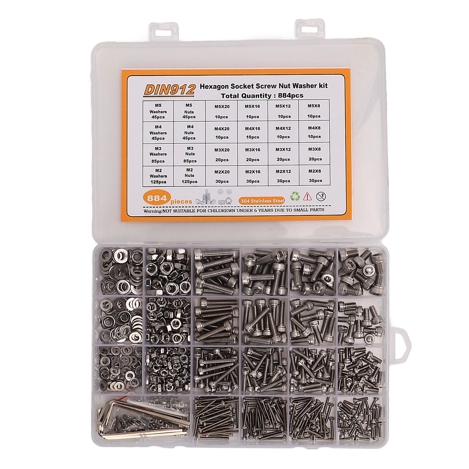 884Pcs Screw Nut Washer Assortment M2 M3 M4 M5 Round Head Hex Socket 304 Stainless Steel Fastener