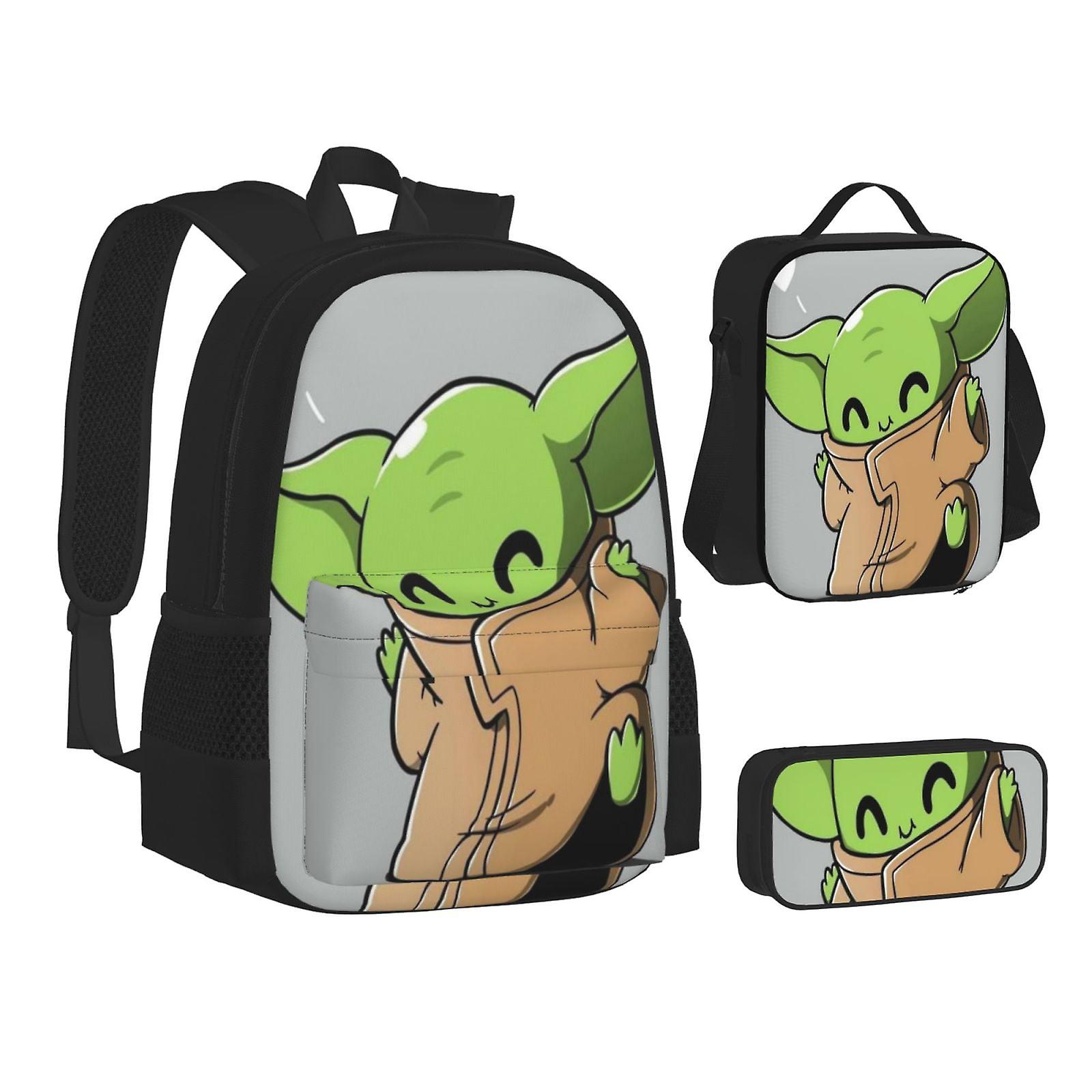 Yo-da Cartoon 3 قطع حقيبة ظهر مدرسية خفيفة الوزن حقيبة كتب مدرسية صندوق غداء حقيبة قلم رصاص حقيبة نهارية كبيرة