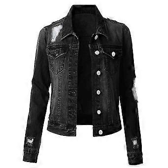 Womens Casual Lapel Solid Color Ripped Denim Jacket Fashion Loose Ladies Jacket