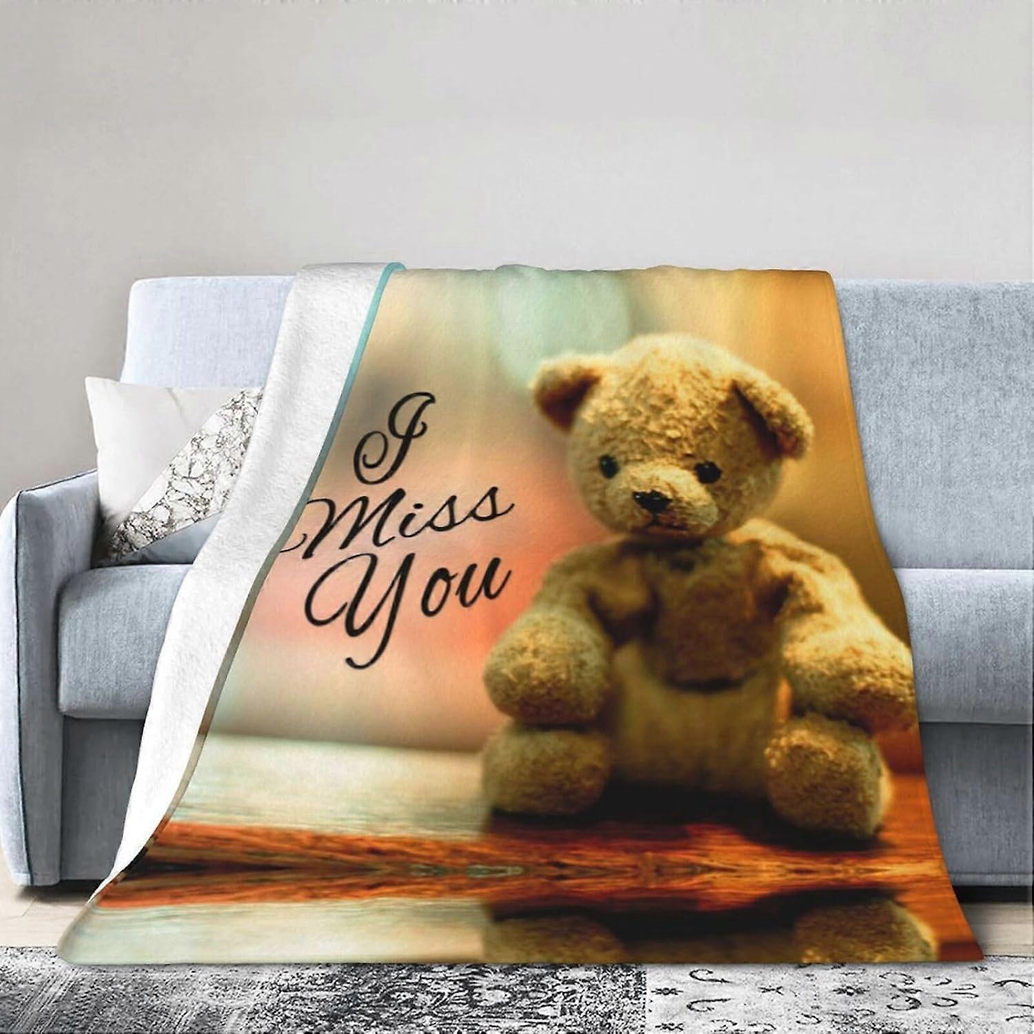 Miss You Bear Print Throw Blanket, Lightweight Super Soft Fleece