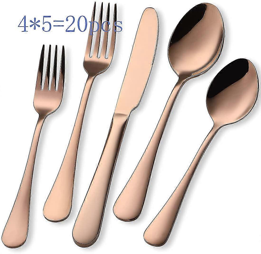 Rose Gold Silverware Set, 20 Piece Stainless Steel Flatware Cutlery Set For 4, Mirror Finish, Dishwasher Safe
