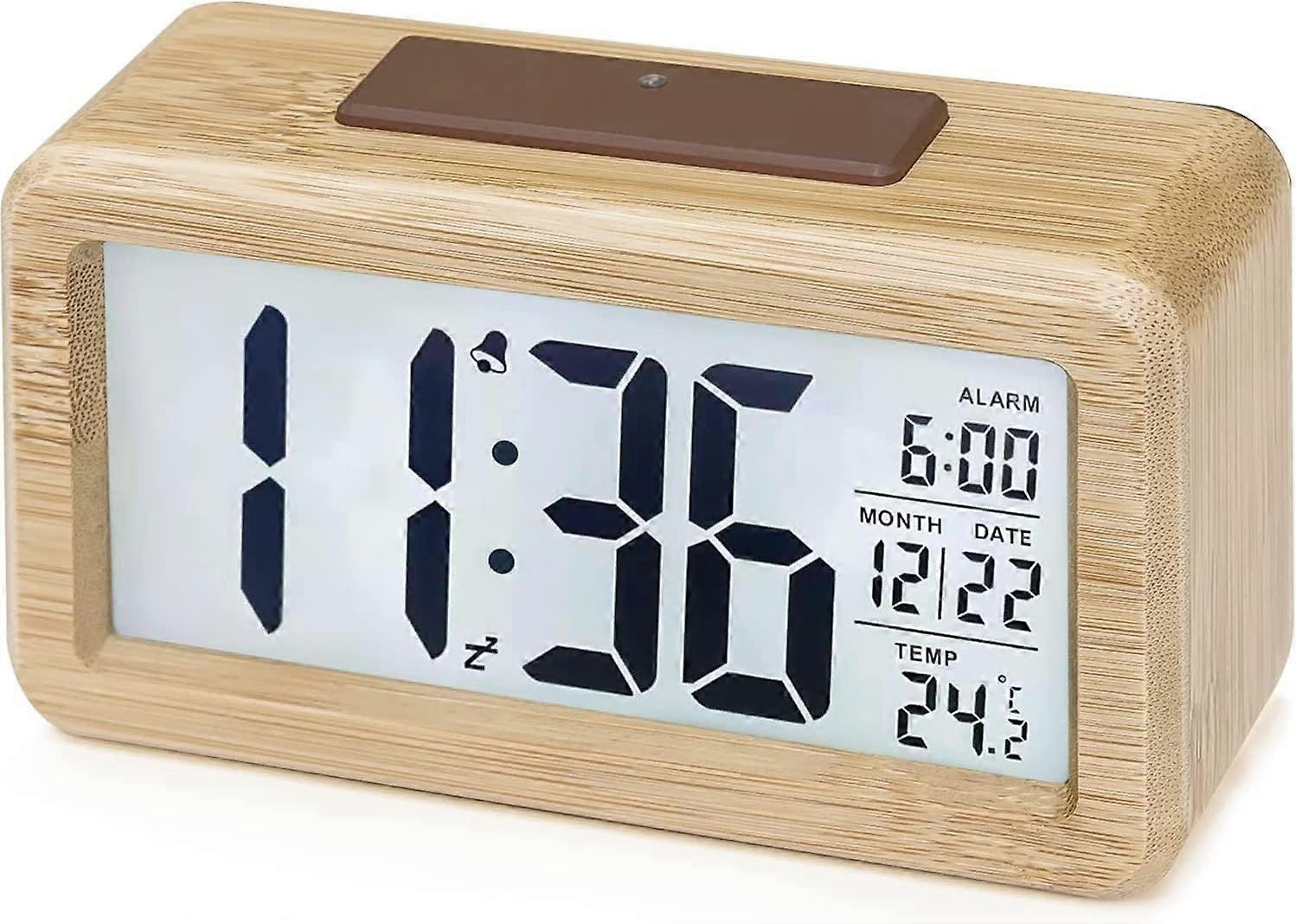 Digitaler Wecker, Nachttischuhr aus Holz mit großem LCD-Display mit Hintergrundbeleuchtung, Temperatur, Schlummerfunktion-Bambus
