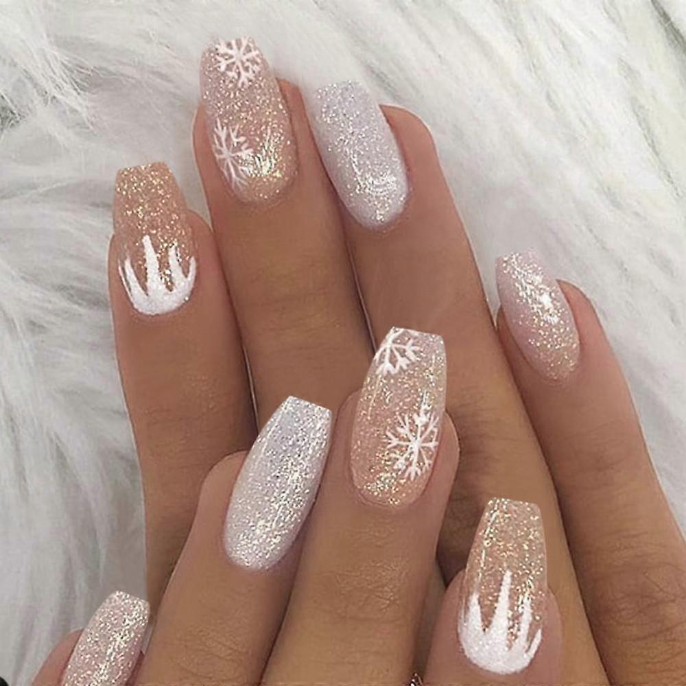 Press on nails white snowflake coffin false nails  false nails full cover