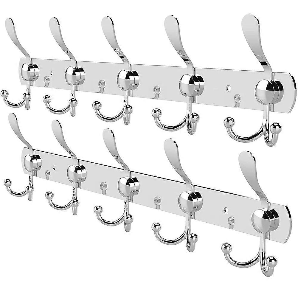 Wall Mounted Coat Hanger - Stainless Steel Wall Hooks with 5 Triple Hooks, Set of 2, for Coats, Hats, Towels, and Keys