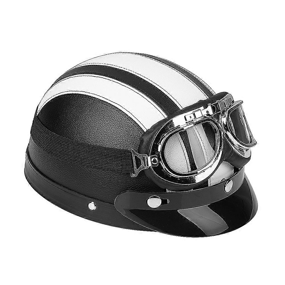 Open Face Half Helmet with Visor and UV Goggles for Motorcycle and Scooter, Synthetic Leather, White