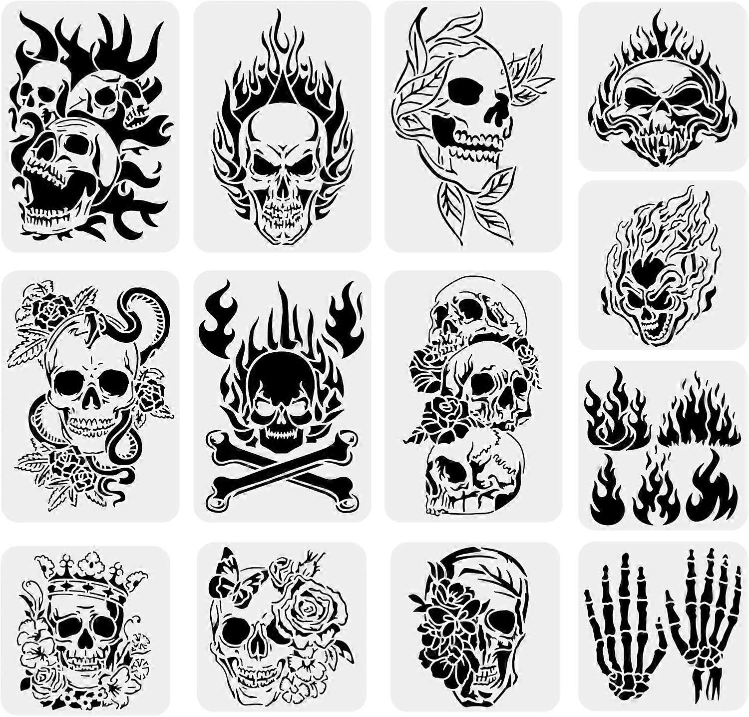13PCS Skull Pattern Drawing Stencils Skull Flame Scary Skeleton Template for Scrabooking Card Making Wall Floor Art Festival Decoration