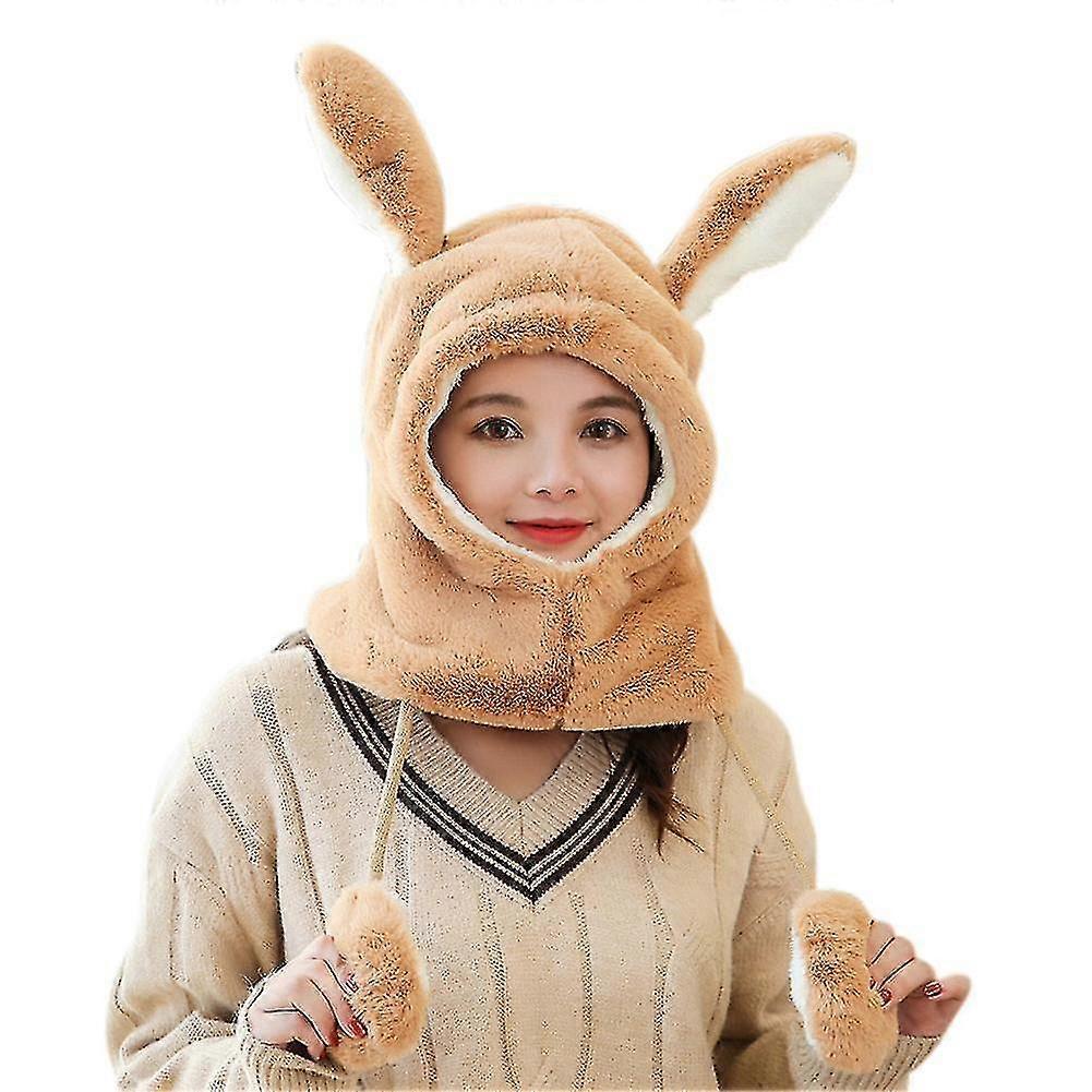 冬のニットハットネックウォーマーフリース裏地キャップ女性用屋外暖かいロングウサギ