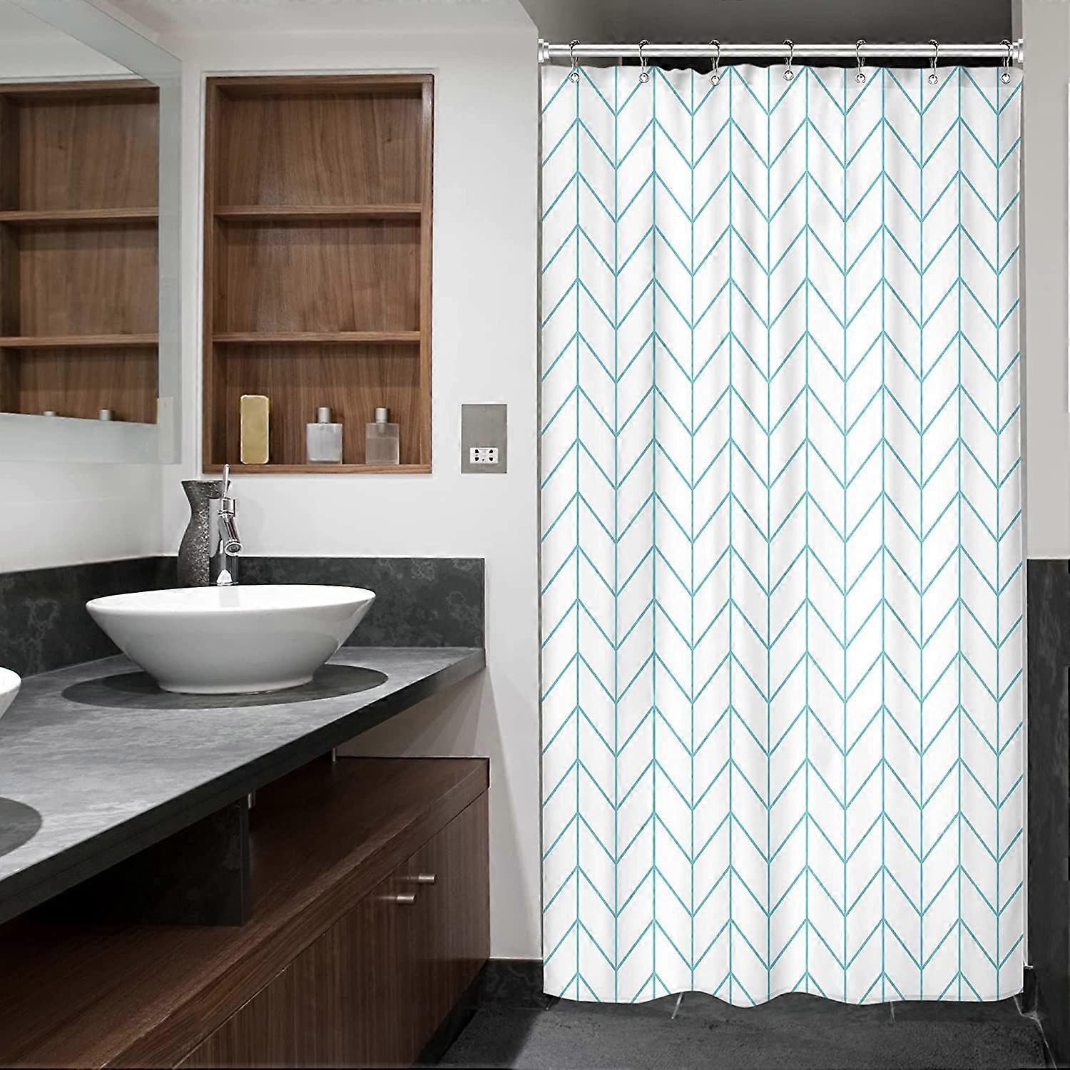 Stall Small Shower Curtain Half Size 36x72 Inch White Aqua Single Narrow Tiny Geometric Chevron Striped Herringbone 7 Pack Hooks Dorm Decor Fabric Bat