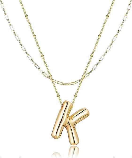 Initial Necklace, Gold Ballon Bubble Letter Necklace, Gold Plated Layered Necklace