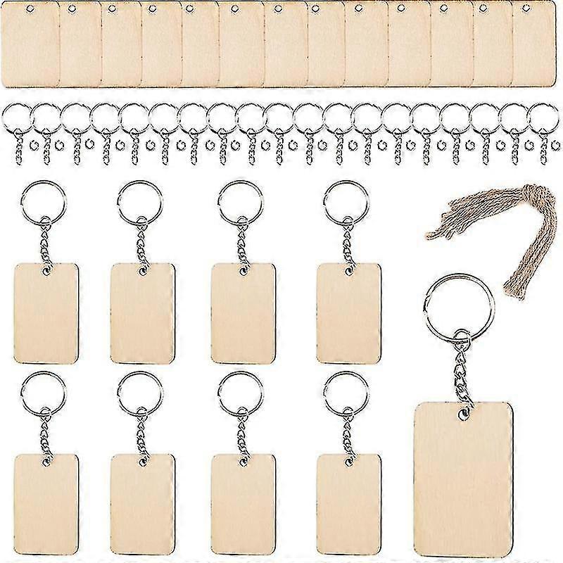 Blank Rectangle Shaped Wooden Keychain Set Of 120 Unfinished Wood Chip Key Rings