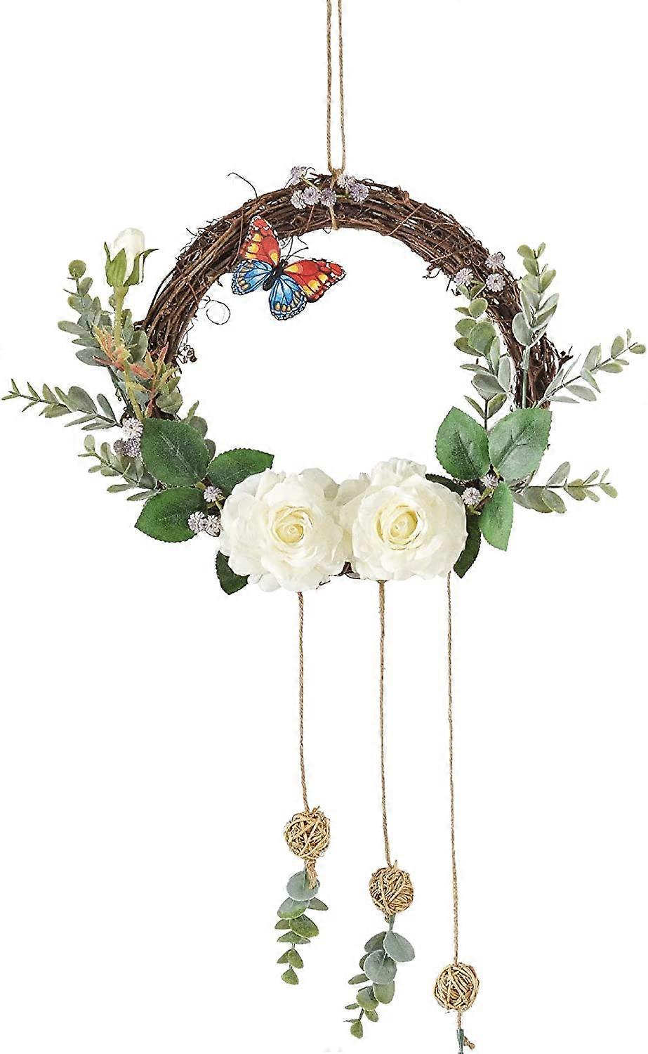 22 '' Ghirlanda di peonie artificiali con farfalla in rattan, corona di porte d'ingresso primavera/estate