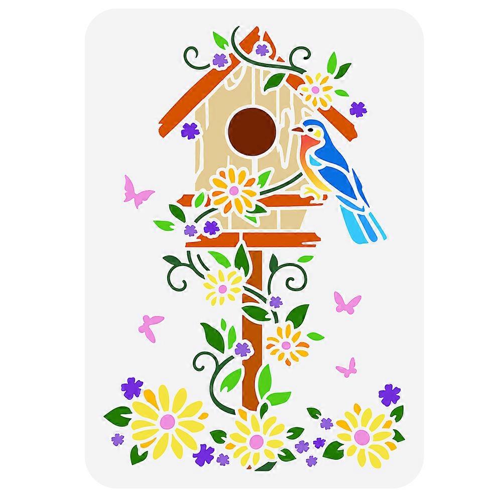 1pc Bird House Stencil 11.7x8.3 inch Flowers Butterfly Stencils Plastic Bird Daisy Leaves Pattern Template Reusable DIY Art and Craft Birdhouse Stenci