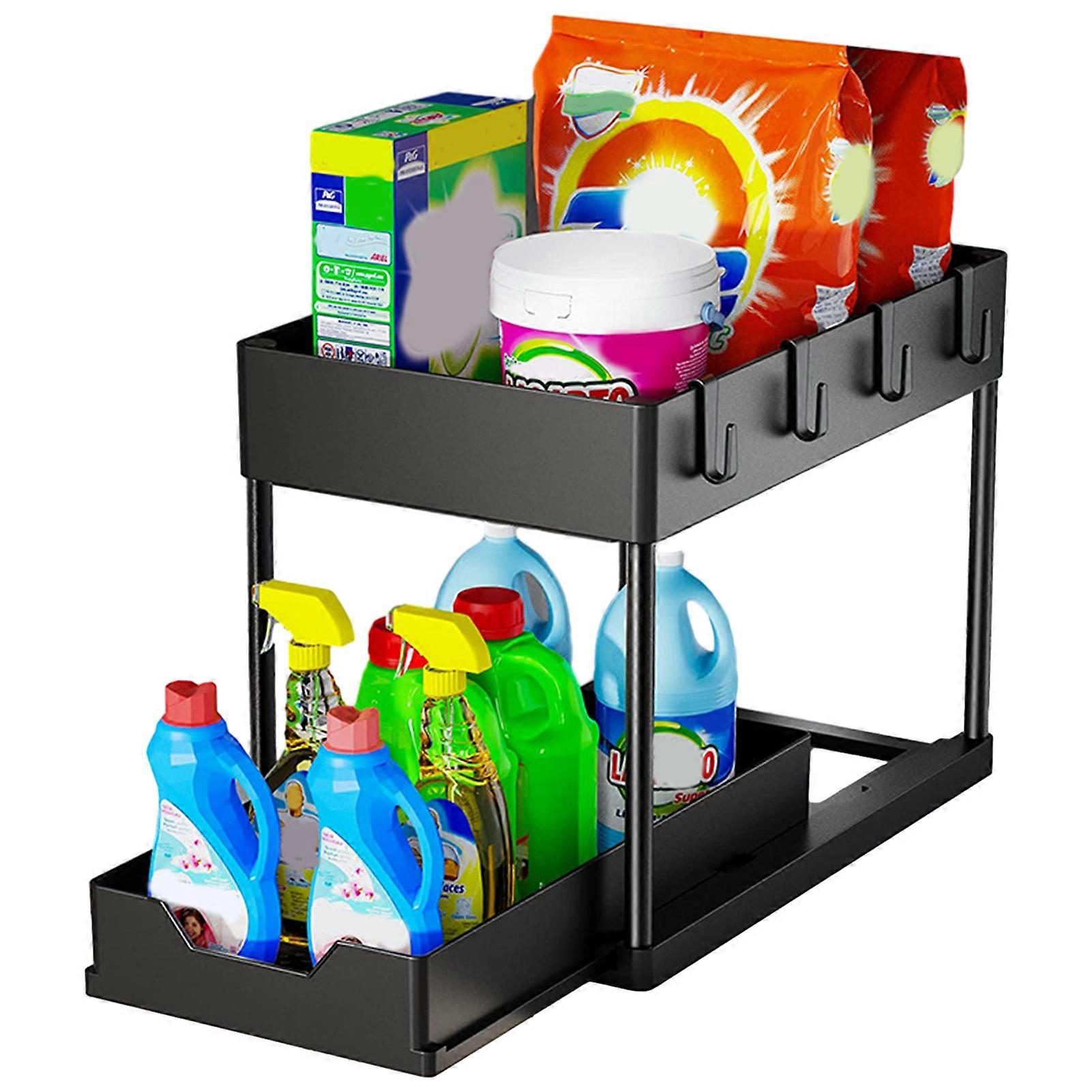 Storage Rack Double Layer Pull-out Style Large Capacity Hollow Draining with 4 Hooks Sliding Drawer Cabinet Basket Organizer Kitchen Accessories