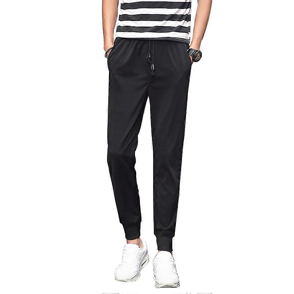 Men Solid Color Elastic Waist Drawstring Trousers Pocket Beam Foot Pants