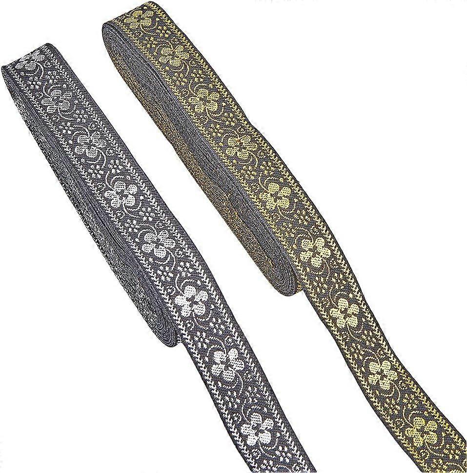 2 Rolls 2 Colors Vintage Embroidery Jacquard Ribbon 7.66 Yards(7m)/roll Black Golden Embroidery Polyester Ribbons Flower Tyrolean Ribbon Fabric Trim f